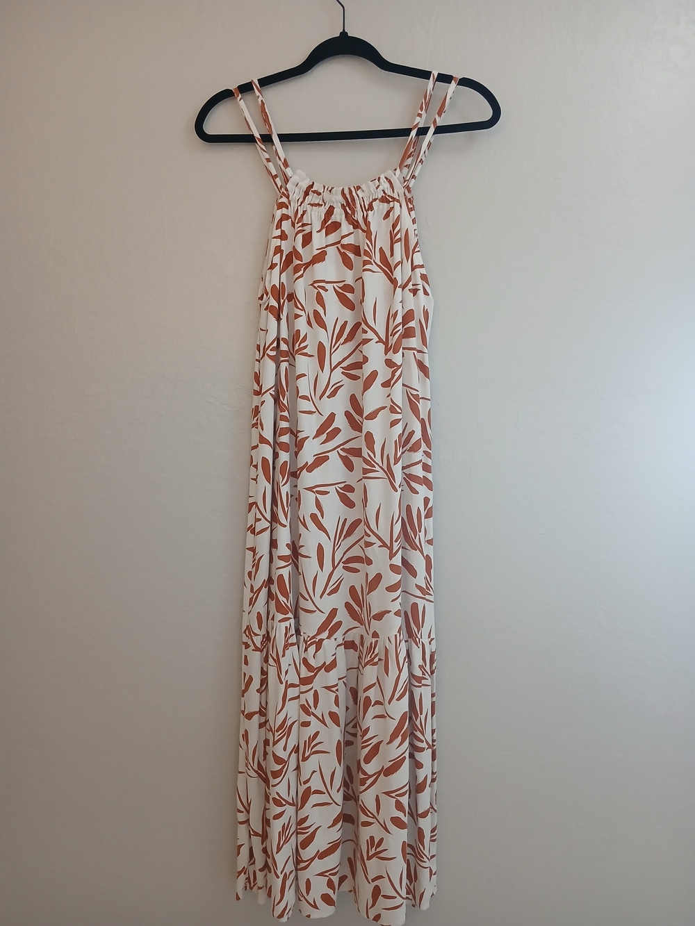 Women's Cream Maxi Sundress with Rust Leaf Print